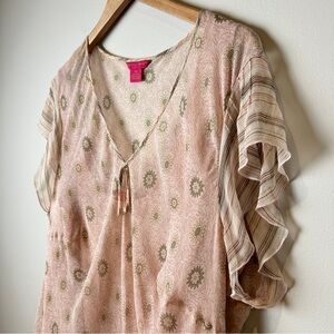 Gorgeous Romantic Y2K 100% Silk Pink Floral Tie-Front V-Neck Top XXXL